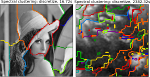 (Left) Result from the spectral clustering example code on the scikit-learn page. (Right) My own attempt at segmenting a VIMS image of Titan.